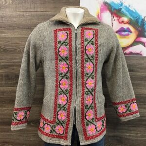 Cedano Handmade Hopsack Wool Mens Embroidered Zip Up Sherpa Lined Jacket Size 42